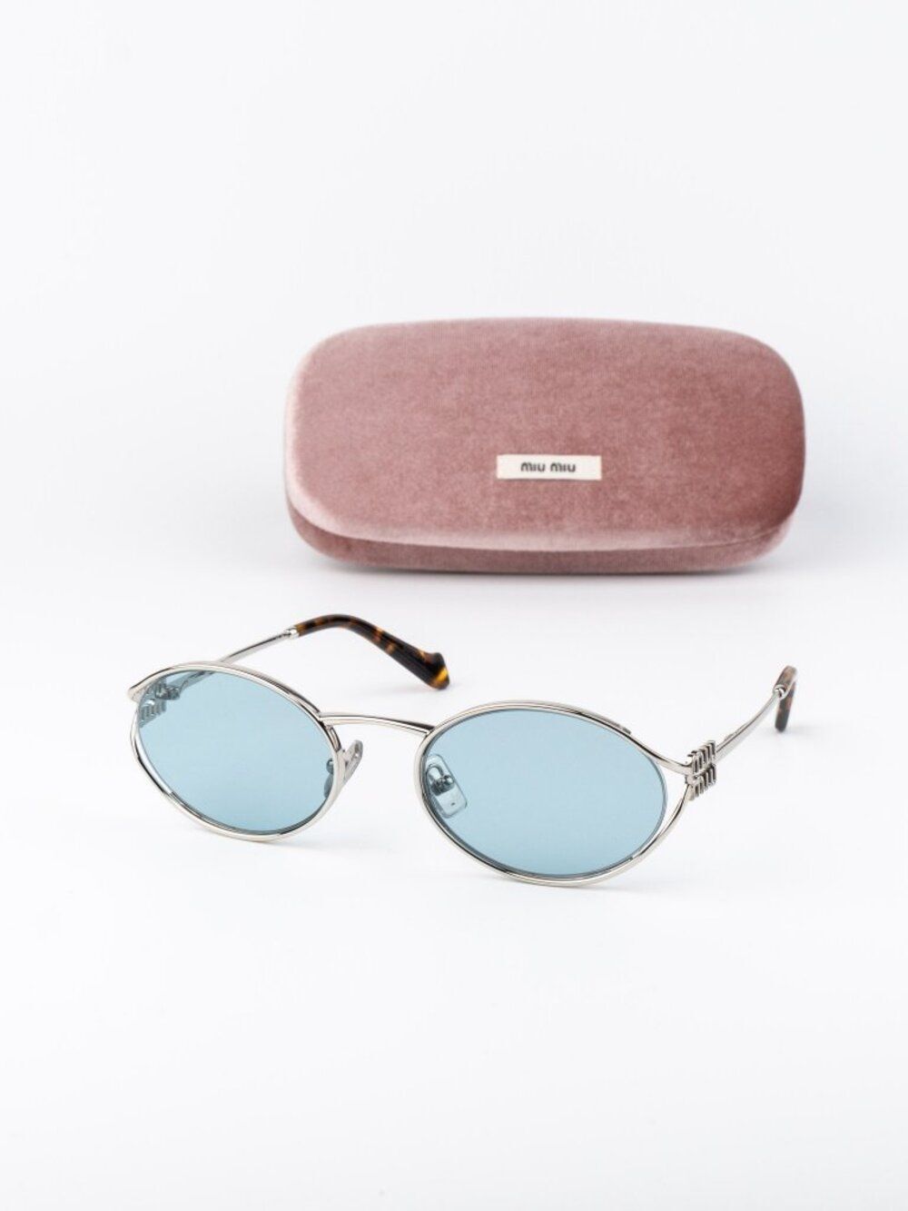 Miu Miu Women Sunglasses LOGO Silver Blue Oval MU52YS 1BC20R NEW AUTHENTIC
